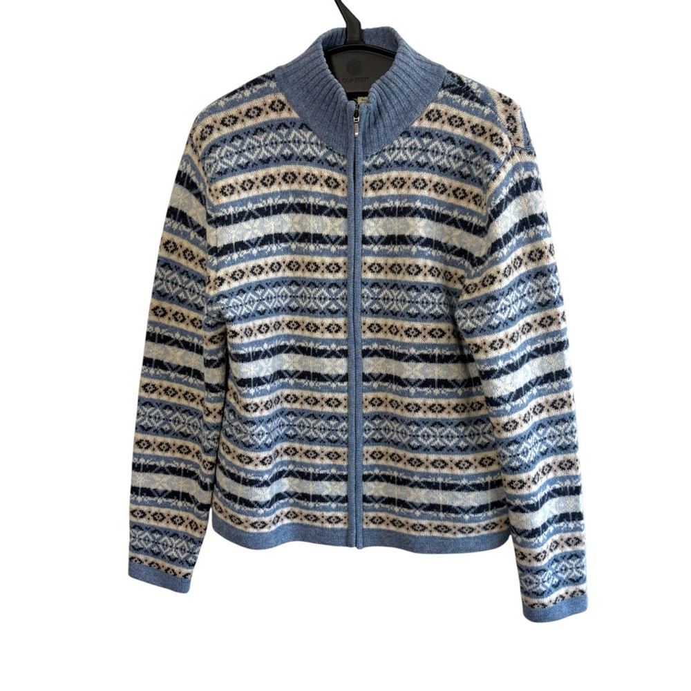 Cabelas Size Large Lambswool Blue White Fair Isle Pattern Full Zip Sweater Knit‎